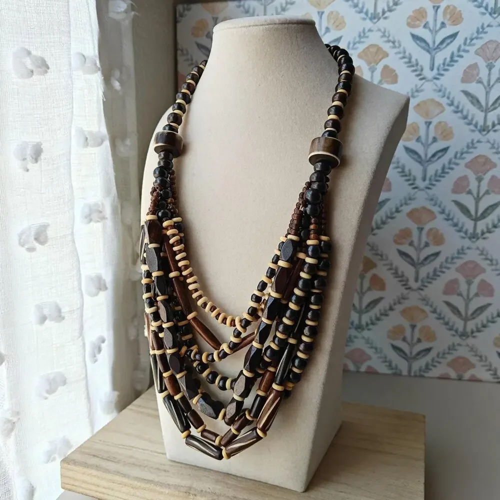 Bohemian dark brown and cream wooden multilayer beaded necklace